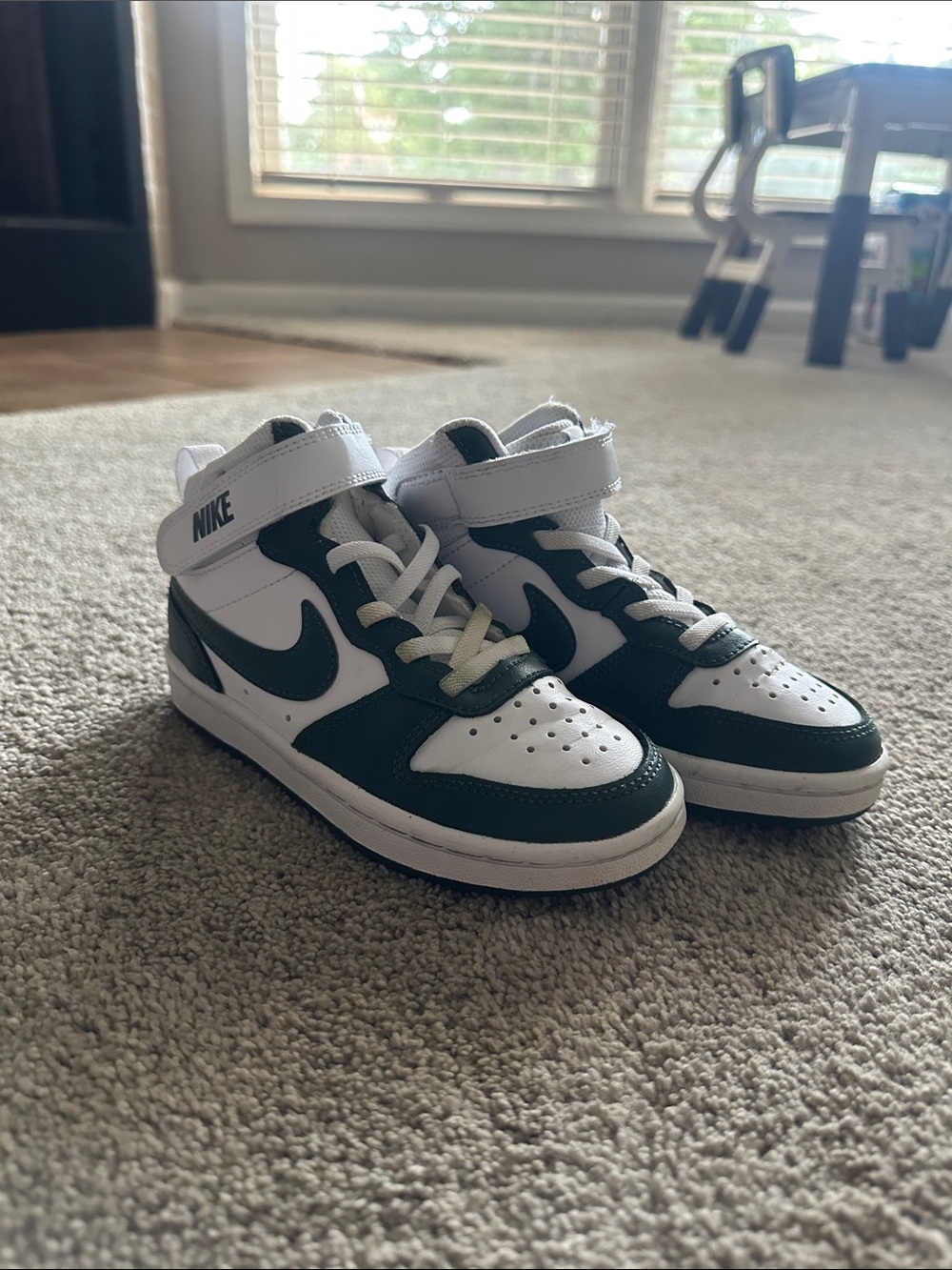 Nike Kids Mid-Top Sneakers in White and Dark Green